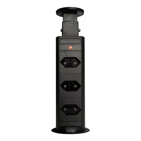 Torre de tomada retrátil Multiplug preta para embutir em mesa ou granito em fundo branco