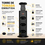 Torre de tomada retrátil Multiplug preta para embutir em mesa ou granito em fundo branco informações produto