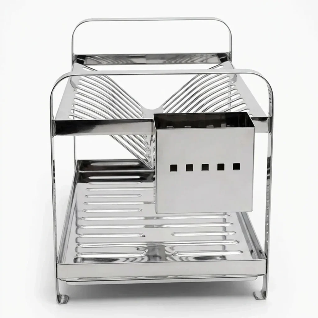 Vista lateral do escorredor inox para 16 pratos com porta-talher Dinox