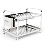 Vista superior frontal do escorredor inox para 16 pratos com porta-talher lateral