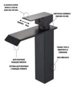 Torneira Banheiro Monocomando Cascata Quadrada Preto Fosco - Imagem 2