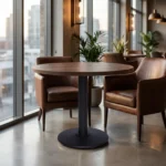 Base de mesa preta em aço OR 2206 com tampo de madeira em ambiente moderno