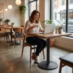 Cliente feliz utilizando mesa com base preta OR 2206 Bistro em ambiente bistrô
