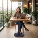 Cliente feliz utilizando mesa com base preta em aço OR 2206 em ambiente moderno