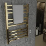 Toalheiro Térmico Quadrado Dourado Polido Kazalinda Bivolt com Timer Touch banheiro sofisticado