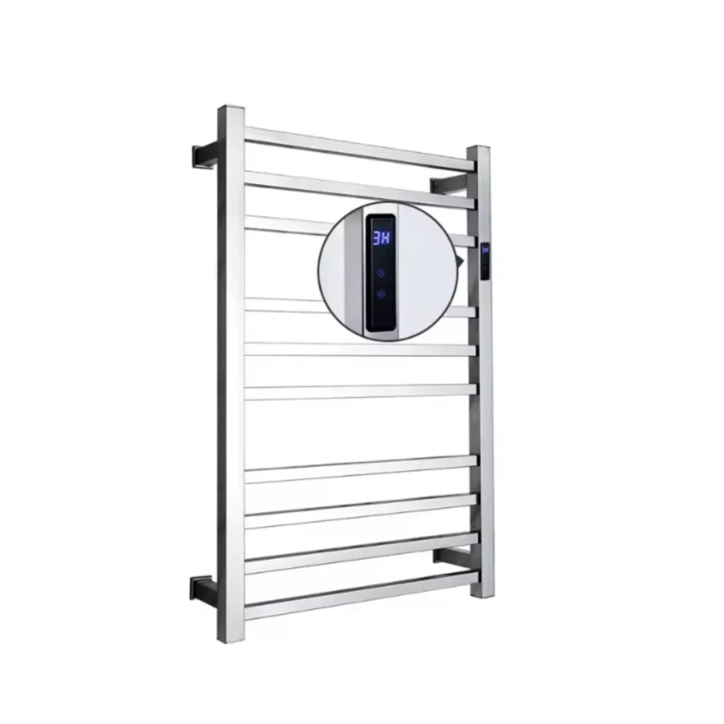Toalheiro térmico grande quadrado inox Kazalinda com timer em fundo branco