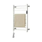 Toalheiro térmico grande quadrado inox Kazalinda com timer em fundo branco com toalha