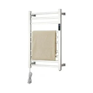 Toalheiro térmico grande quadrado inox Kazalinda com timer em fundo branco com toalha