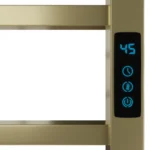 Toalheiro térmico quadrado dourado escovado Kazalinda com timer em foco no timer