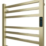 Toalheiro térmico quadrado dourado escovado Kazalinda com timer em lateral foco
