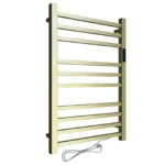 Toalheiro térmico quadrado dourado escovado Kazalinda com timer em vista lateral