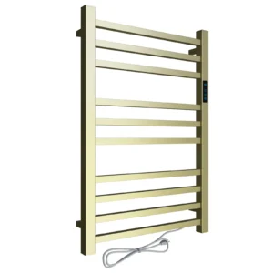 Toalheiro térmico quadrado dourado escovado Kazalinda com timer em vista lateral