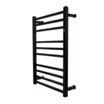 Toalheiro térmico quadrado preto inox Kazalinda com timer e temperatura touch em fundo branco