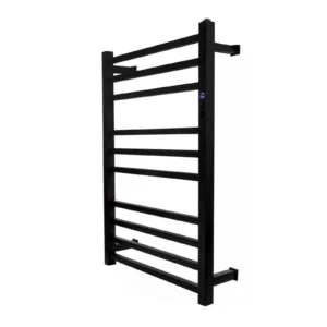 Toalheiro térmico quadrado preto inox Kazalinda com timer e temperatura touch em fundo branco