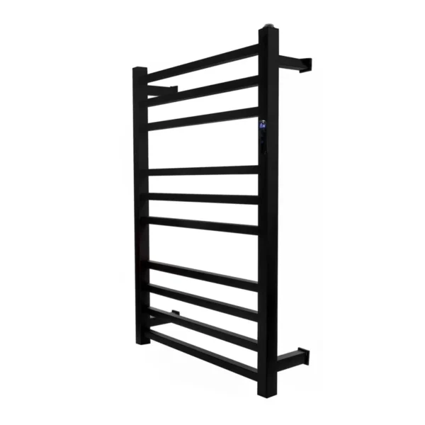 Toalheiro térmico quadrado preto inox Kazalinda com timer e temperatura touch em fundo branco