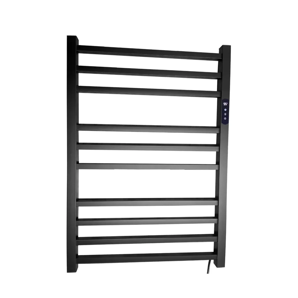 Toalheiro térmico quadrado preto inox Kazalinda com timer e temperatura touch em fundo branco frontal