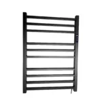 Toalheiro térmico quadrado preto inox Kazalinda com timer e temperatura touch em fundo branco frontal