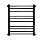 Toalheiro térmico quadrado preto inox Kazalinda com timer e temperatura touch em fundo branco traseiro