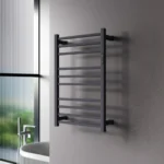 Toalheiro térmico quadrado preto inox Kazalinda instalado em banheiro sofisticado