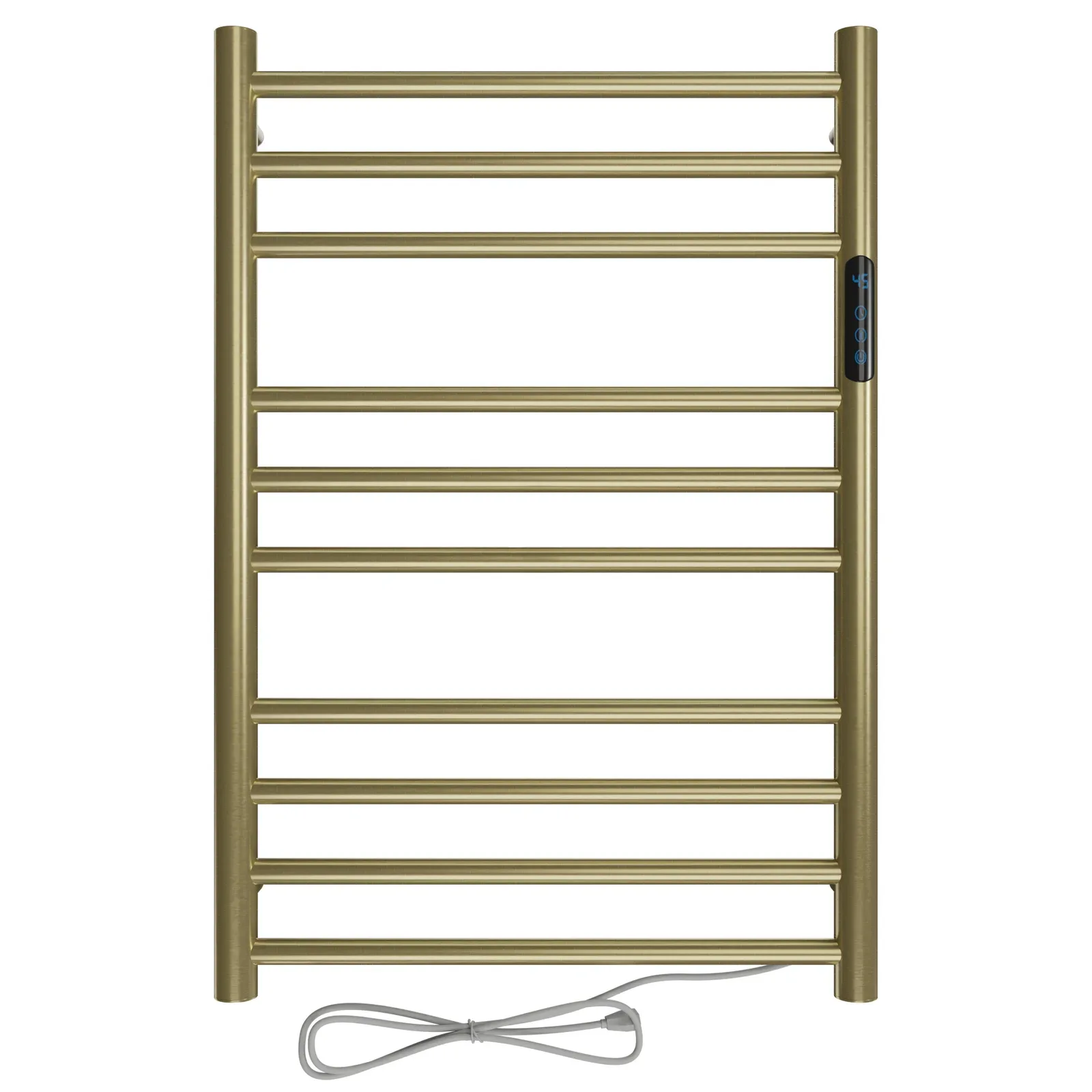 Toalheiro térmico redondo dourado escovado Kazalinda em fundo branco Toalheiro térmico redondo dourado escovado Kazalinda em fundo branco