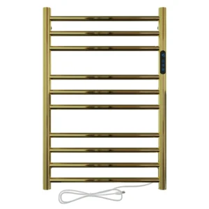 Toalheiro térmico redondo dourado polido Kazalinda em fundo branco