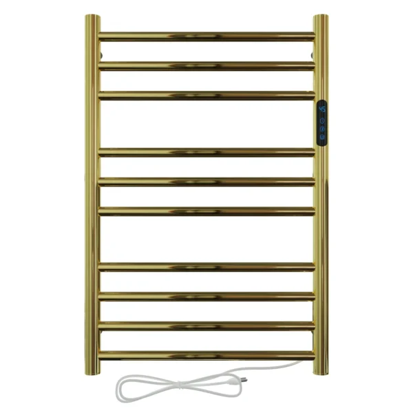 Toalheiro térmico redondo dourado polido Kazalinda em fundo branco