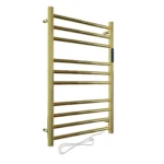 Toalheiro térmico redondo dourado polido Kazalinda em fundo branco vista lateral