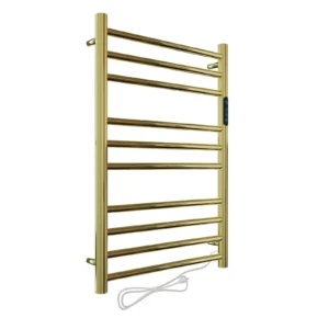 Toalheiro térmico redondo dourado polido Kazalinda em fundo branco vista lateral