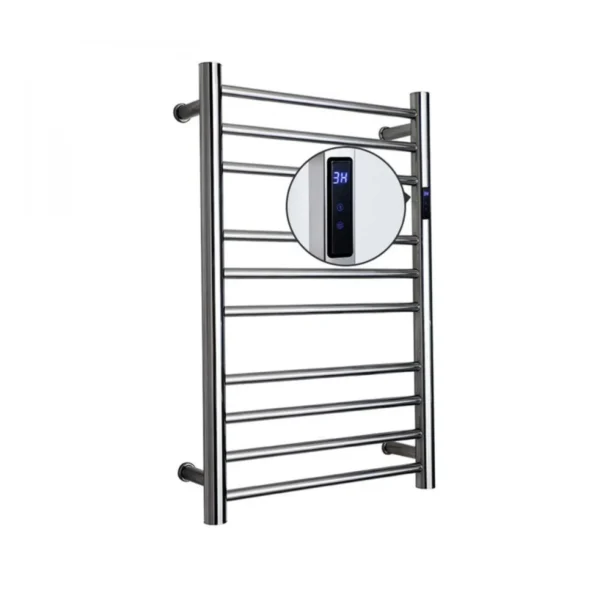 Toalheiro térmico redondo grande inox polido Kazalinda em fundo branco