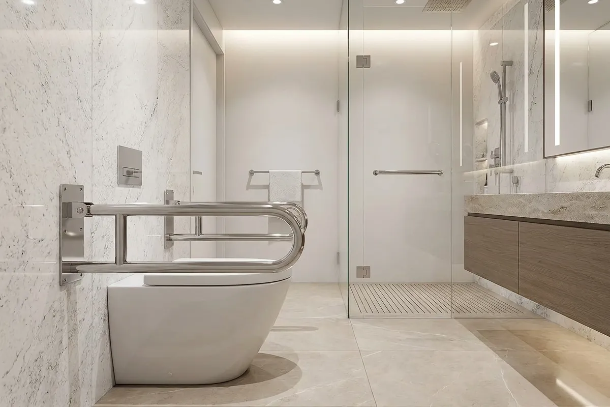 Barra de apoio articulada inox 60cm instalada em banheiro acessível
