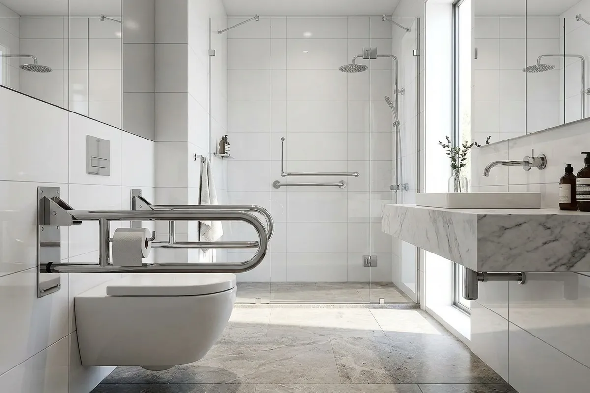 Barra de apoio articulada inox com porta papel instalada em banheiro acessível