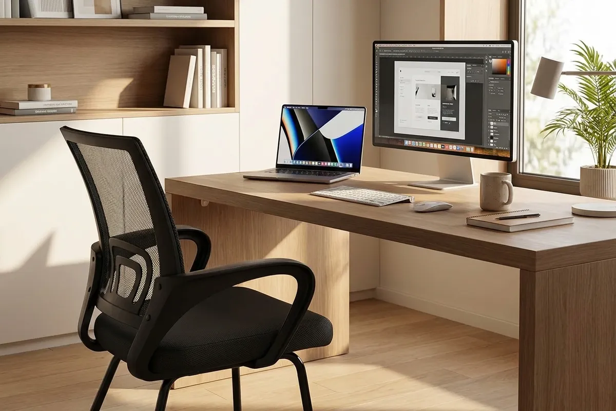 Cadeira fixa de escritório preta em ambiente de home office