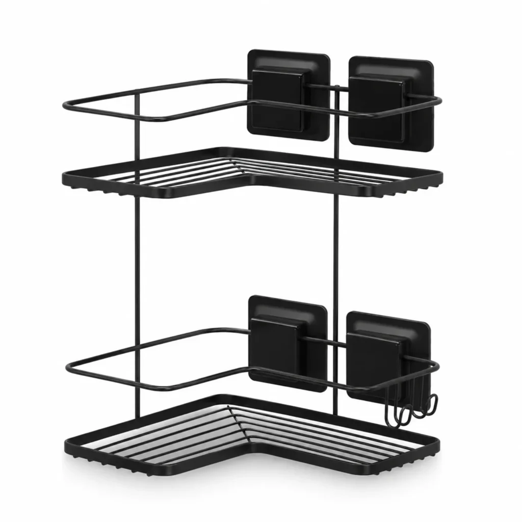 Cantoneira dupla Ultra Black com ventosa quadrada Arthi 2657 em fundo branco