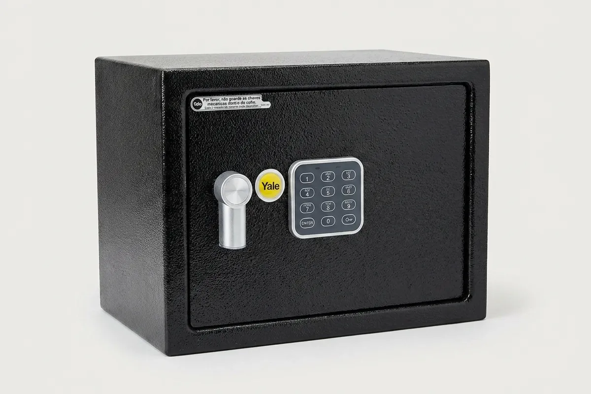 Cofre digital Yale Value Home preto em fundo neutro