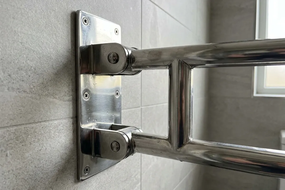 Detalhe da barra de apoio articulada inox com mecanismo dobrável