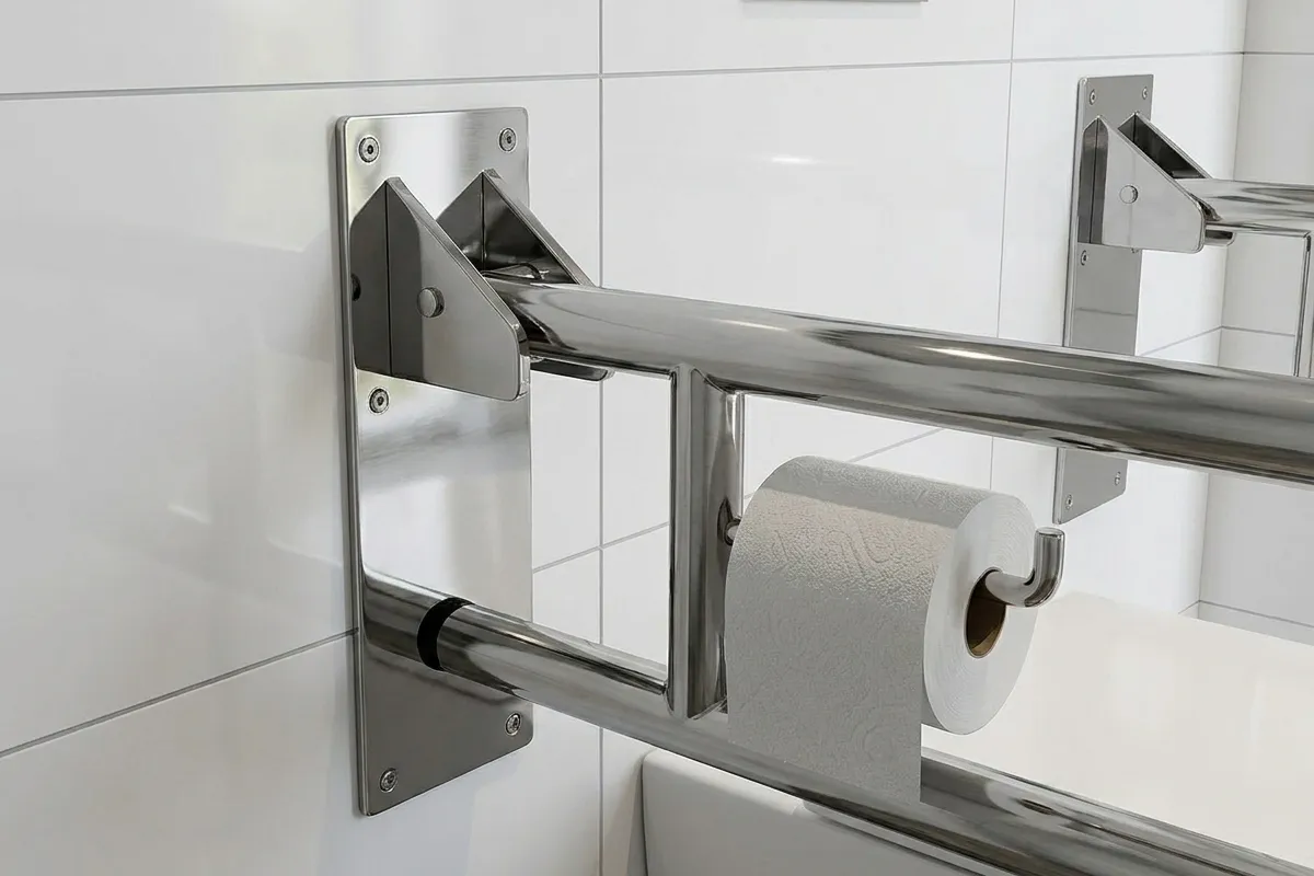 Detalhe da barra de apoio articulada inox com porta papel integrado
