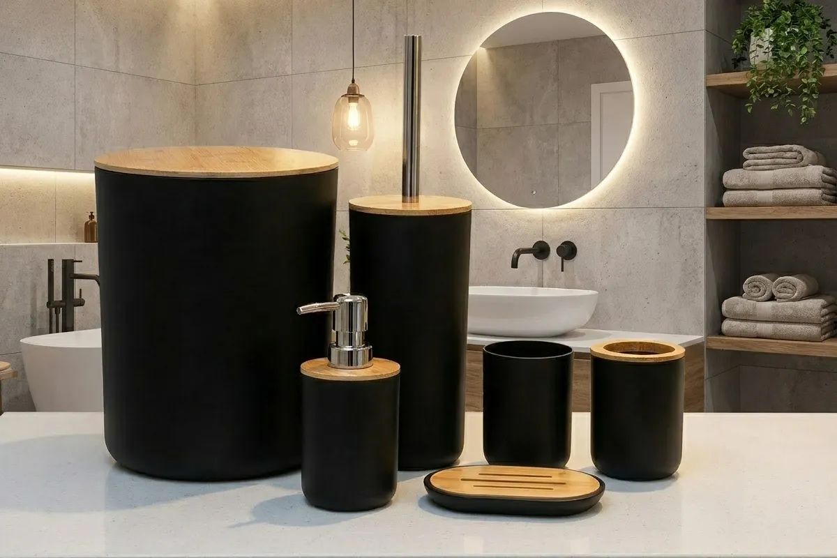 Detalhe do kit banheiro Plasvale com peças em bambu e polipropileno