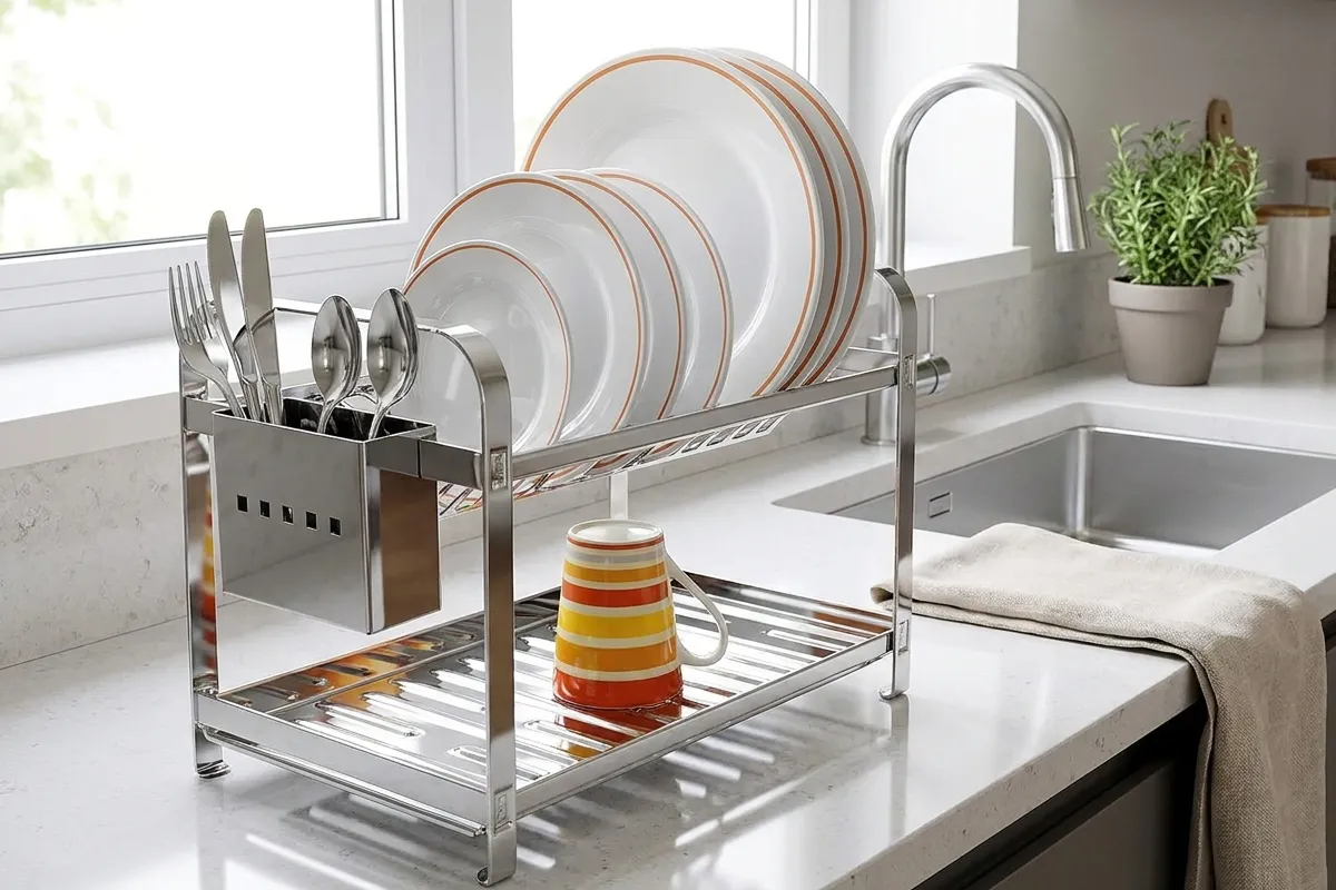 Escorredor inox para 16 pratos com porta talher em bancada de cozinha