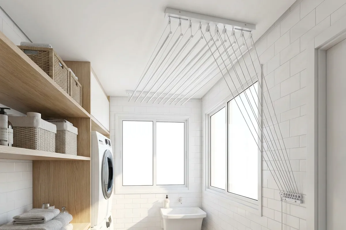 Varal de teto branco 120cm com 8 varetas em lavanderia compacta