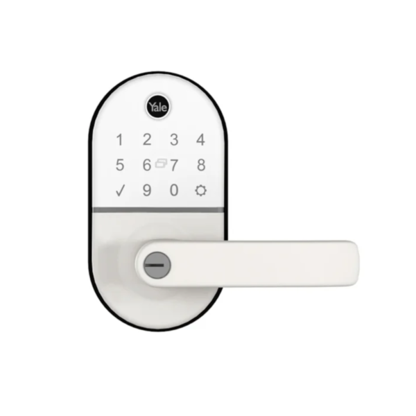 Fechadura Digital Compact Branca com Maçaneta Yale - Senha, Biometria e Cartão | Combo com Hub Yale Connect