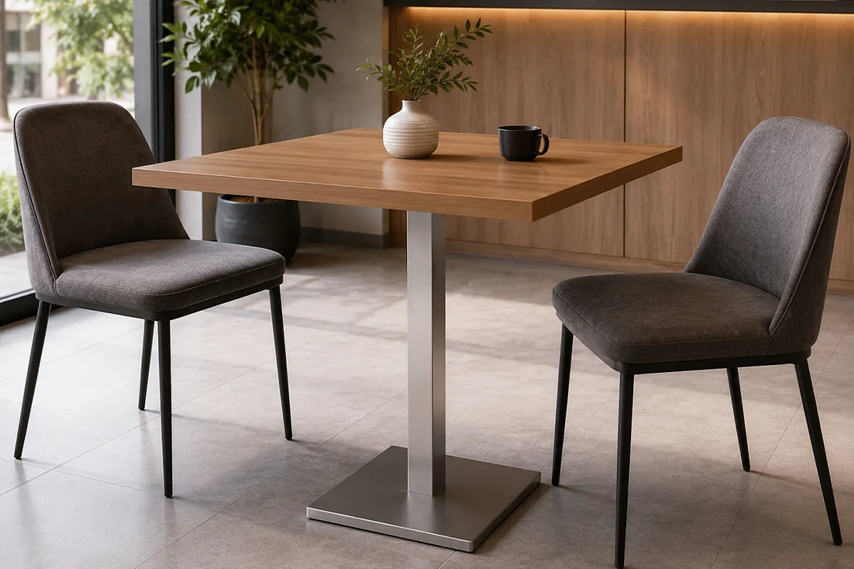 Base de mesa inox OR 2201 instalada com tampo de madeira em ambiente moderno