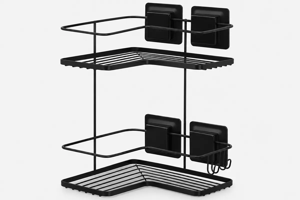 Cantoneira dupla black Arthi 2657 com ventosa quadrada em fundo neutro