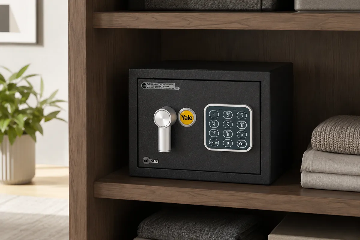 Cofre digital Yale mini instalado em armário moderno