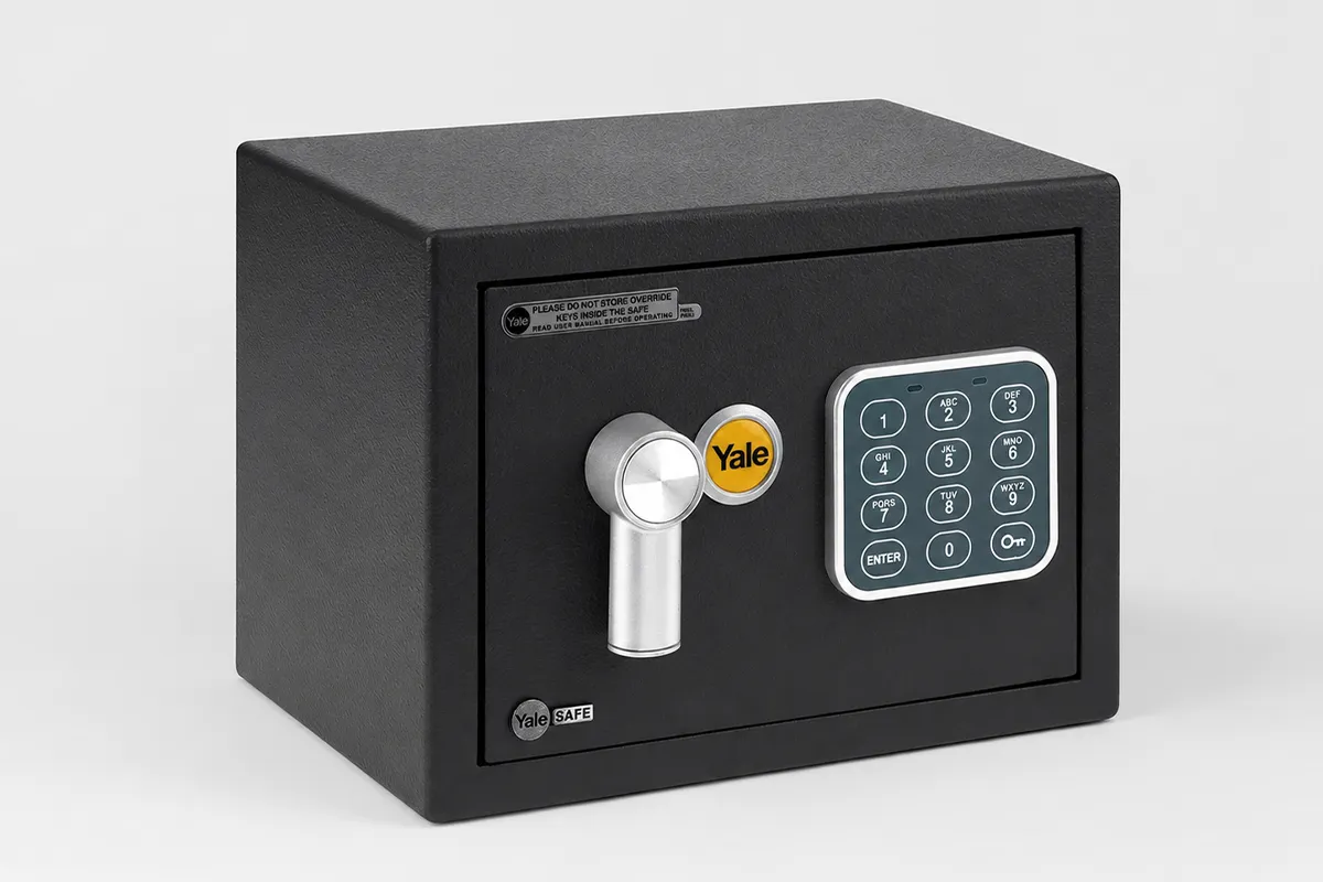 Cofre digital pequeno Yale Value Mini preto em fundo neutro