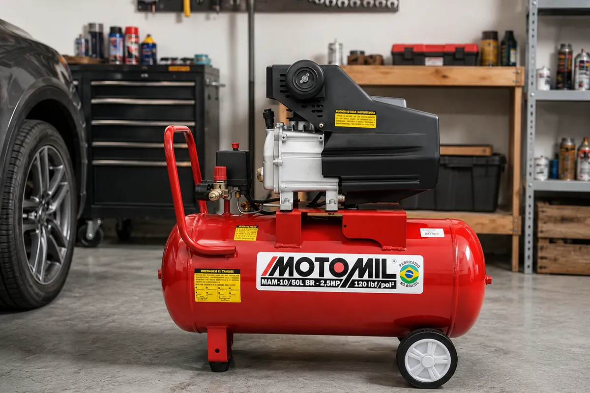 Compressor de ar Motomil MAM-10/50LBR em oficina organizada