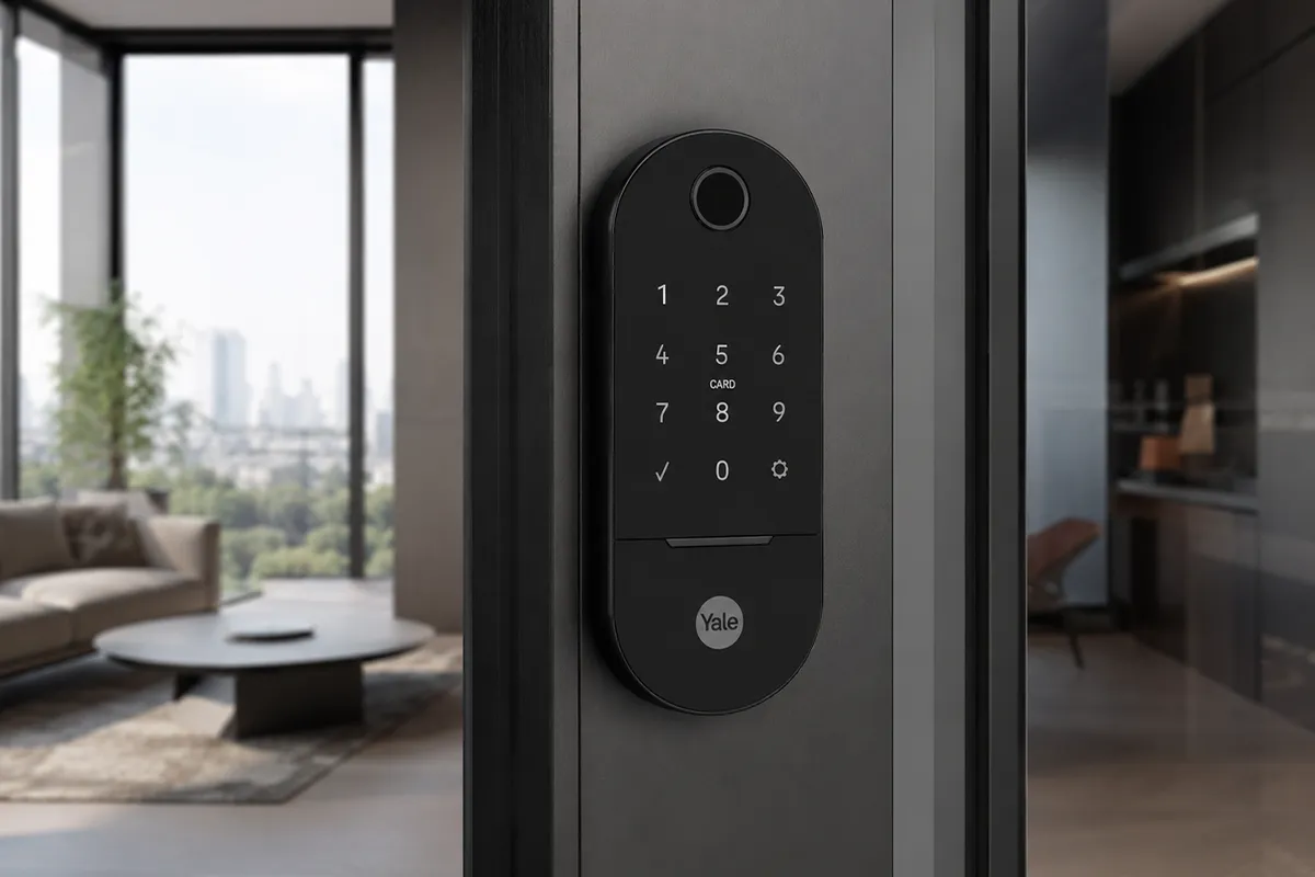 Fechadura digital Yale Lia BP preta fosca instalada em porta de correr