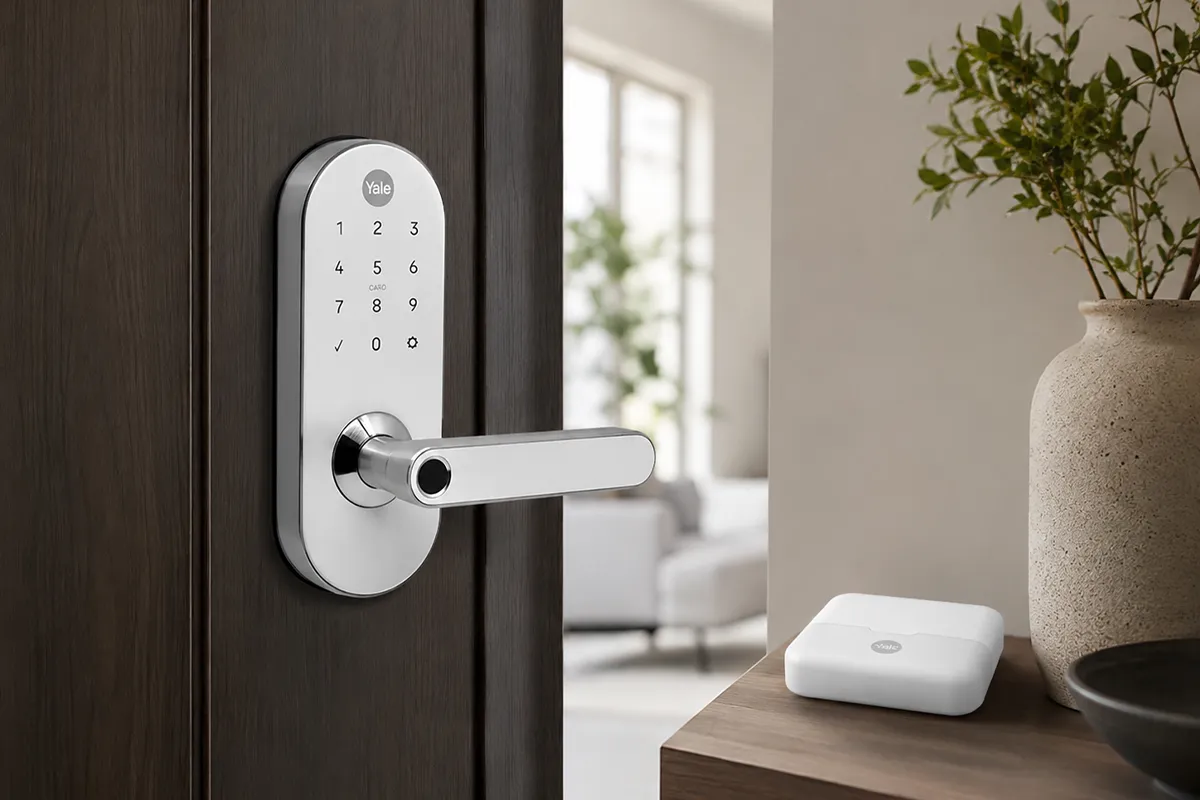 Fechadura digital Yale YMC420W com hub instalada em porta moderna