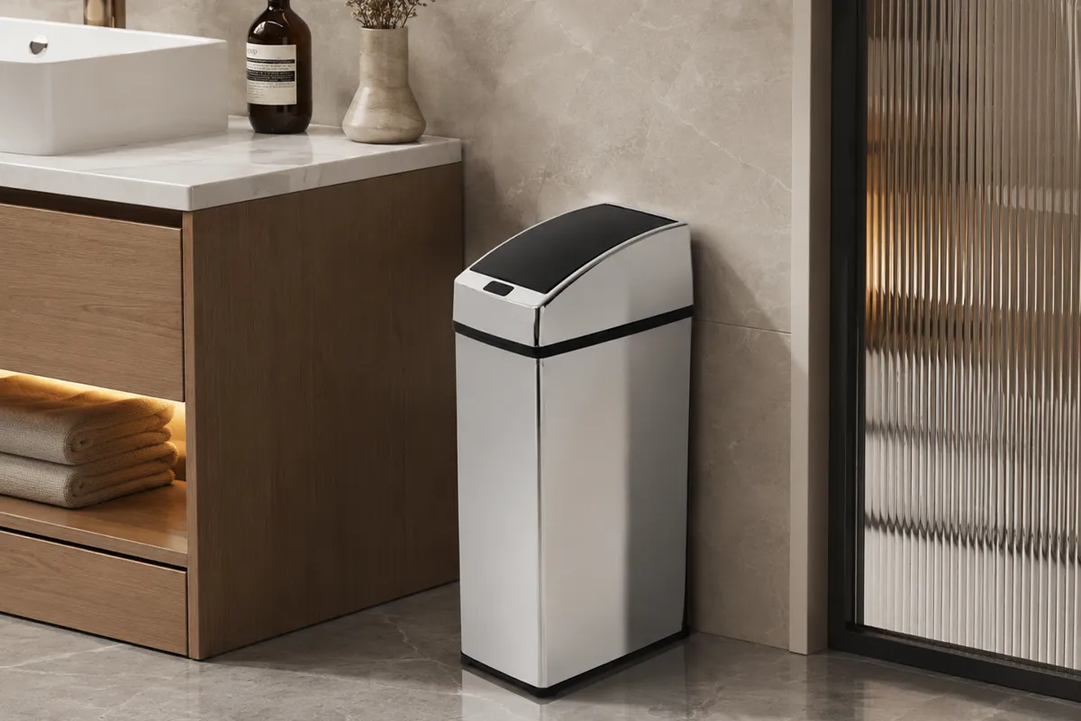 Lixeira automática inox quadrada Kazalinda em banheiro contemporâneo