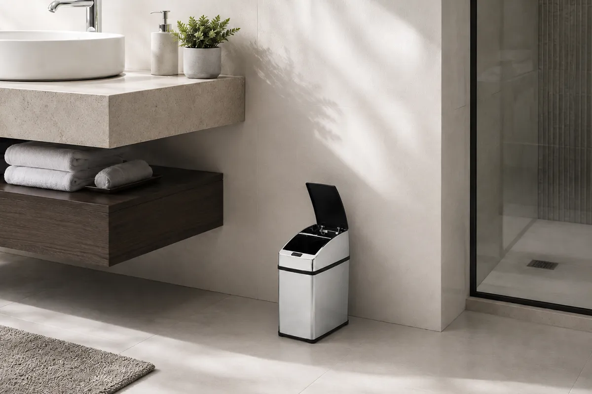 Lixeira automática inox quadrada Kazalinda em banheiro contemporâneo