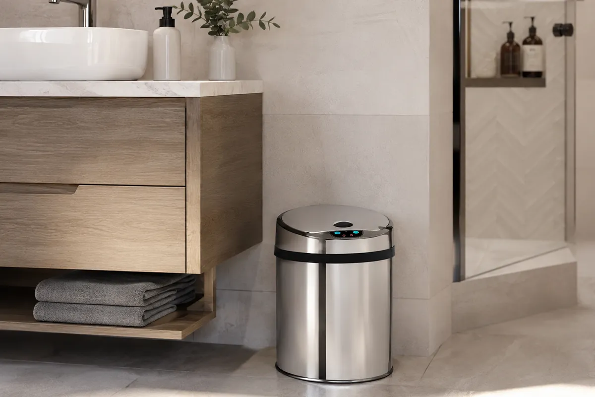 Lixeira automática premium 6 litros Kazalinda em banheiro contemporâneo